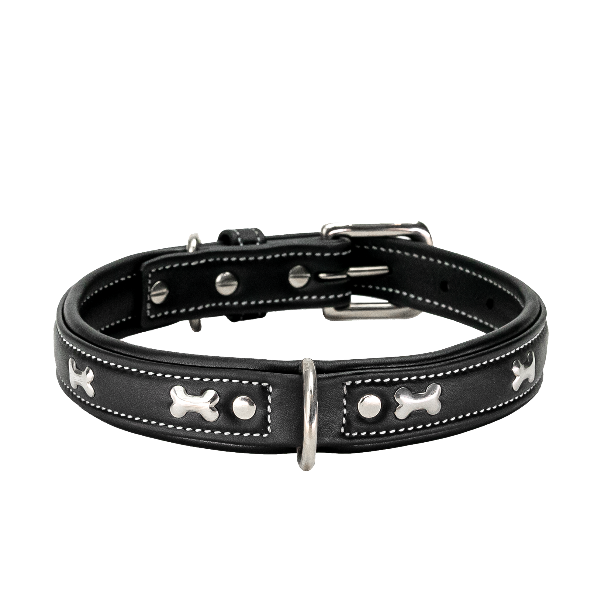 Adil's Metal Bone Studded Soft Leather Dog Collar - 1-Inch Adjustable with Strong Metal Buckle & D-Ring